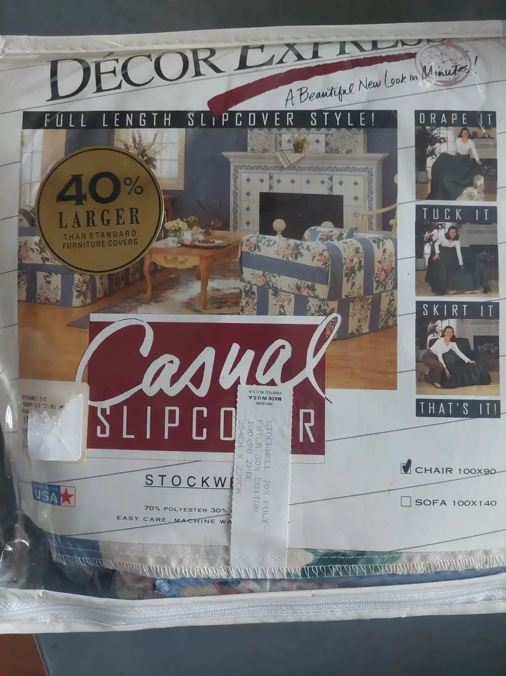 NOS Vtg 90s Chair Slip Cover Cottagecore Cabbage Roses Coastal Cottage
